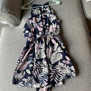 Blue tropical floral romper with keyhole neck and back